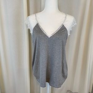 Emory Park Heather Grey blouse with lace trim